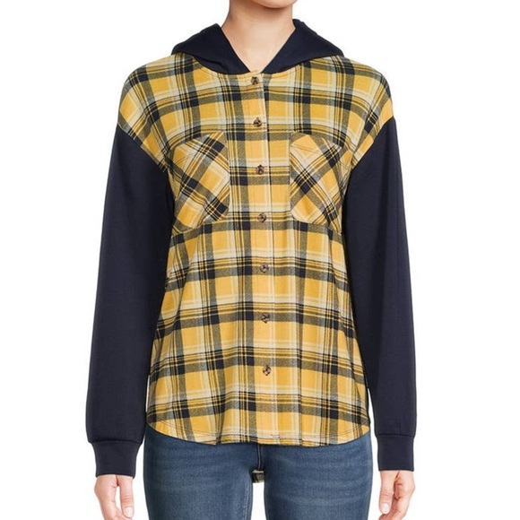 Mik Mesh Plaid Button Down Faux Sherpa Hoodie in Yellow Navy Blue Size 3XL - Picture 8 of 16